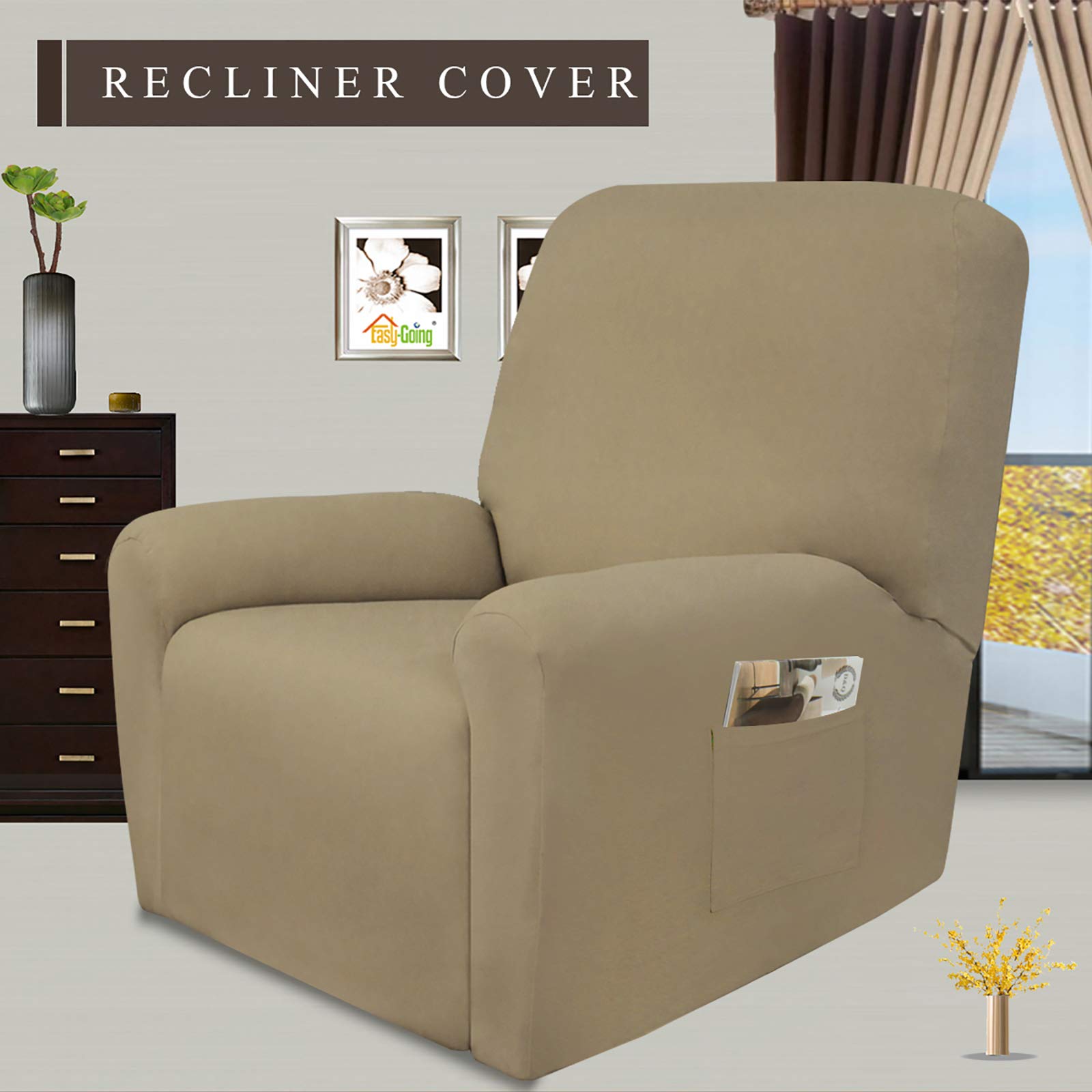 Easy-Going 4 Pieces Microfiber Stretch Recliner Slipcover - Spandex Soft Fitted Sofa Couch Cover, Washable Furniture Protector With Elastic Bottom For Kids, Pet(Recliner, Tan)
